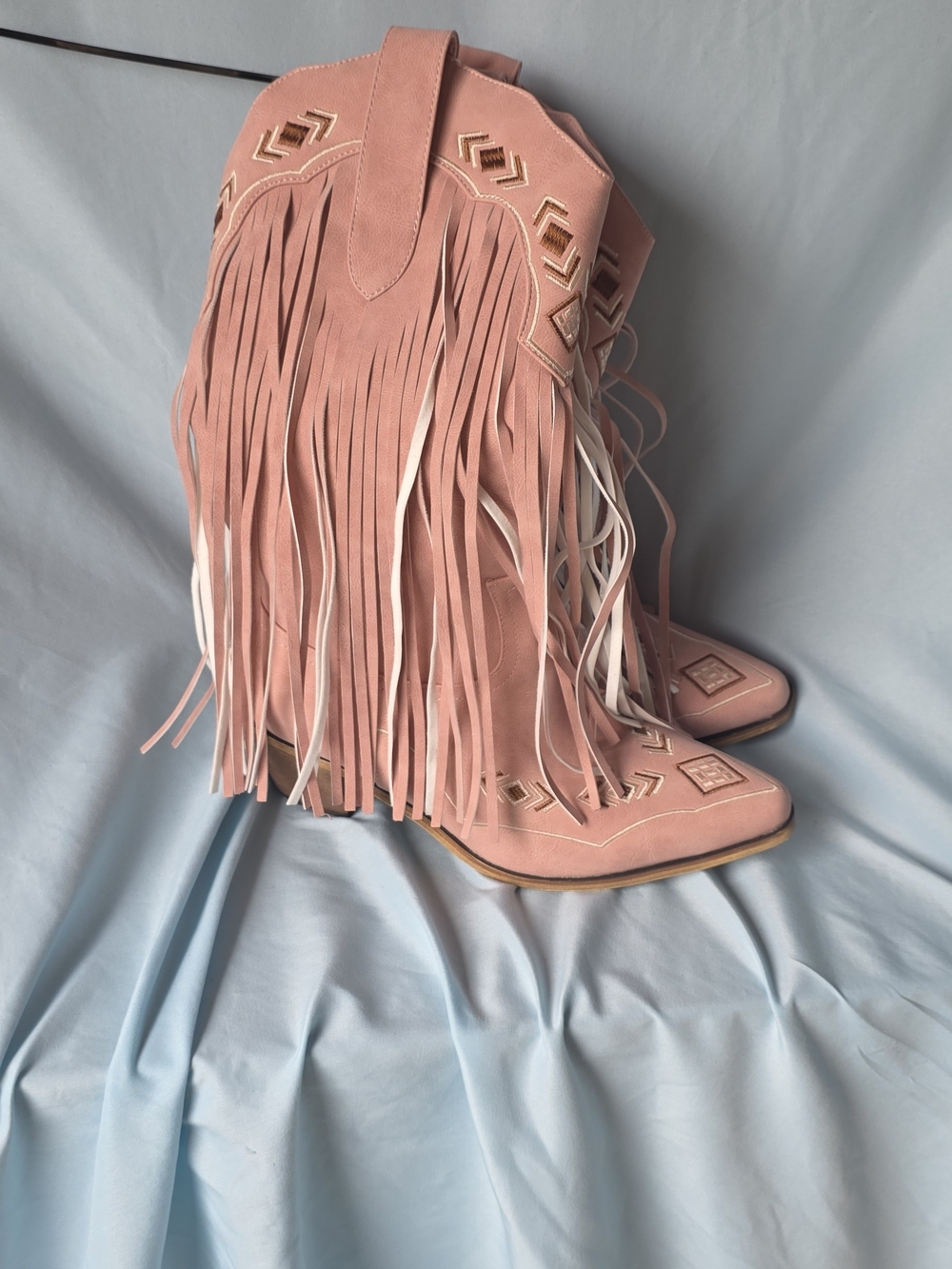 Faux Suede Fringe Western Boots in Blush Pink